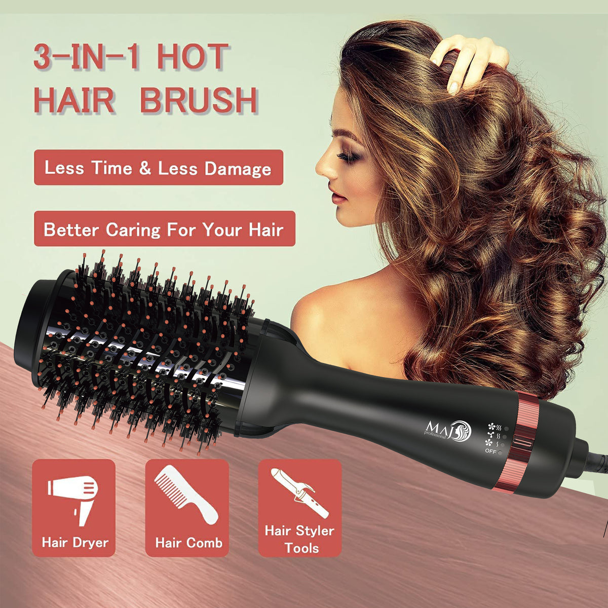 MAJ 3 in 1 Volumizer Brush 1500W IONIC Technology ceramic straightening brush